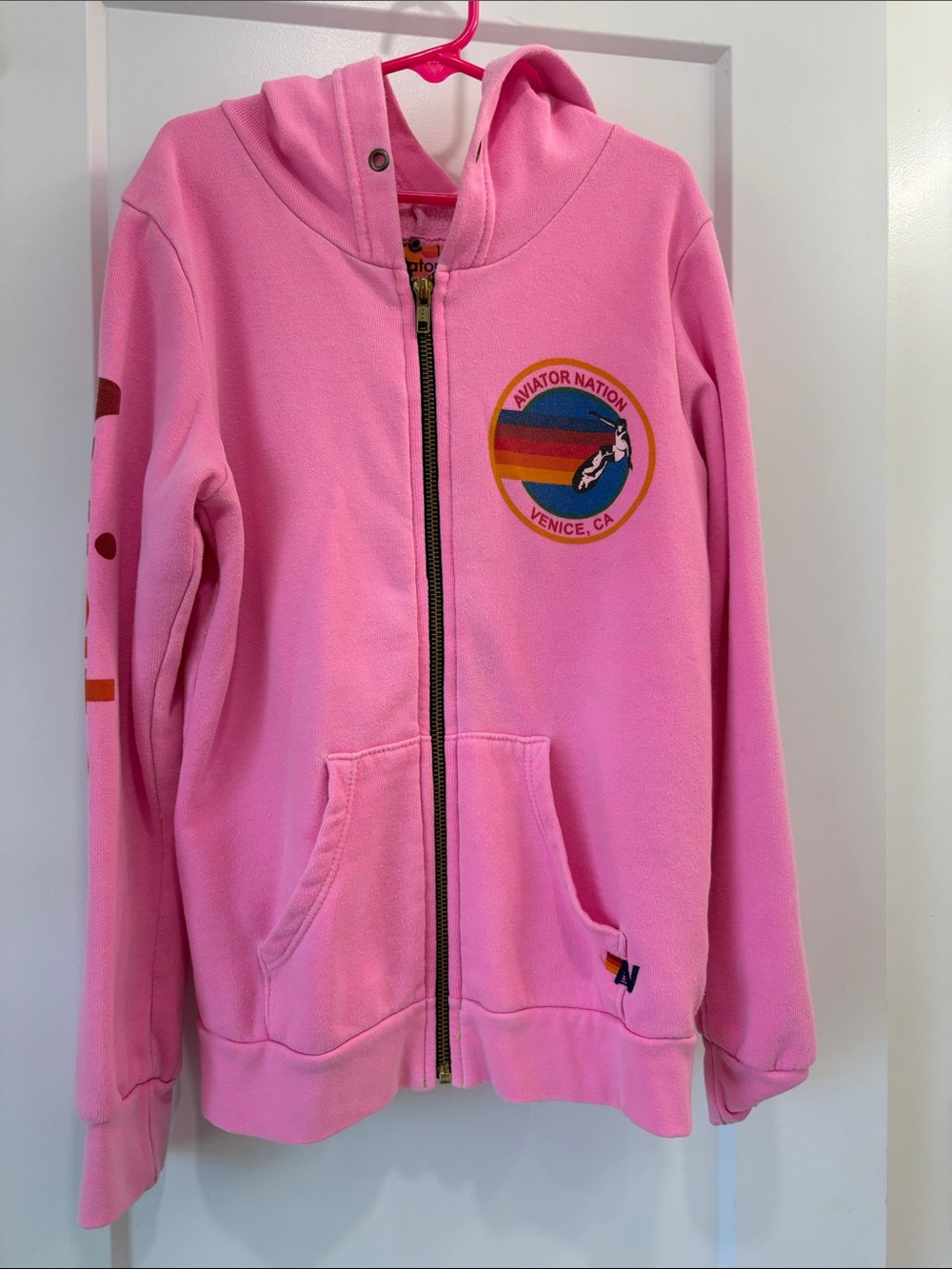Aviator Nation Kids Bright Pink Zip Hoodie with Rainbow Patch